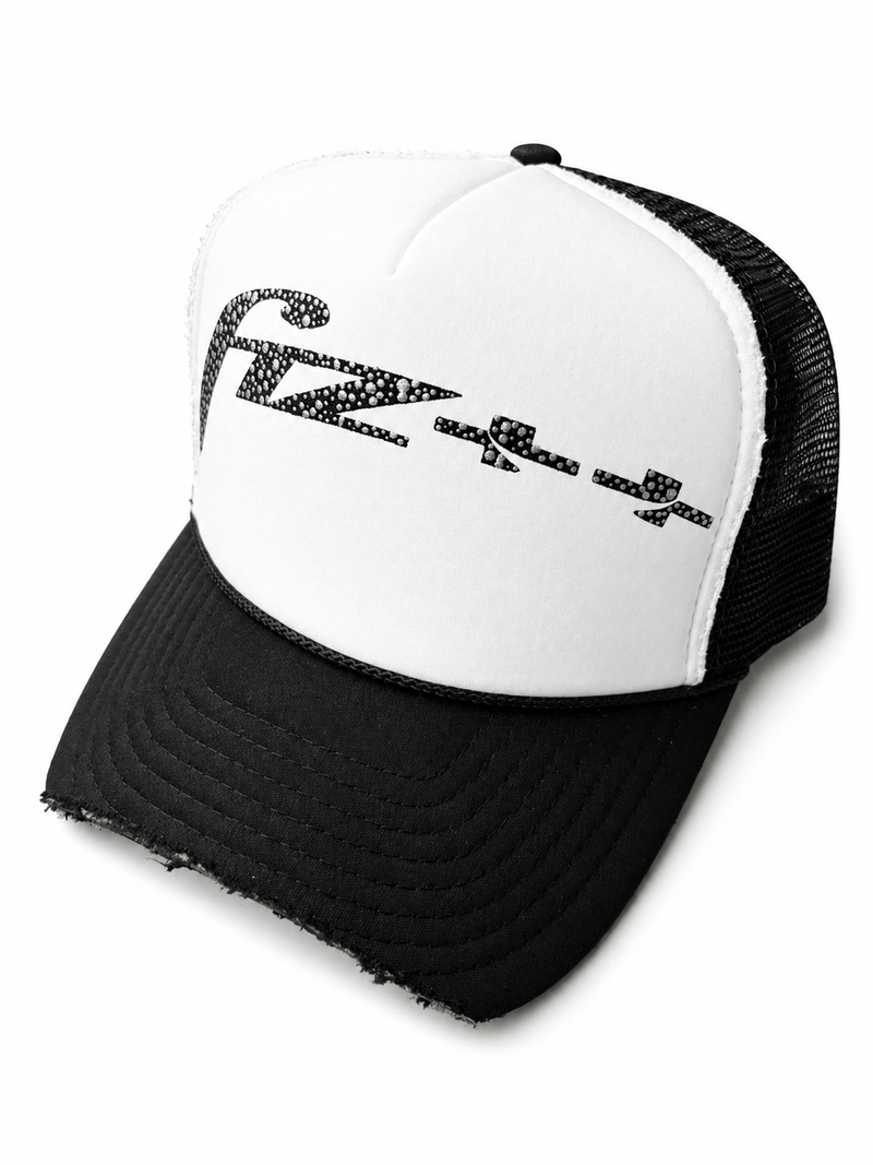 Fiz Trucker Snapback Hat (black/white, with rhinestones)