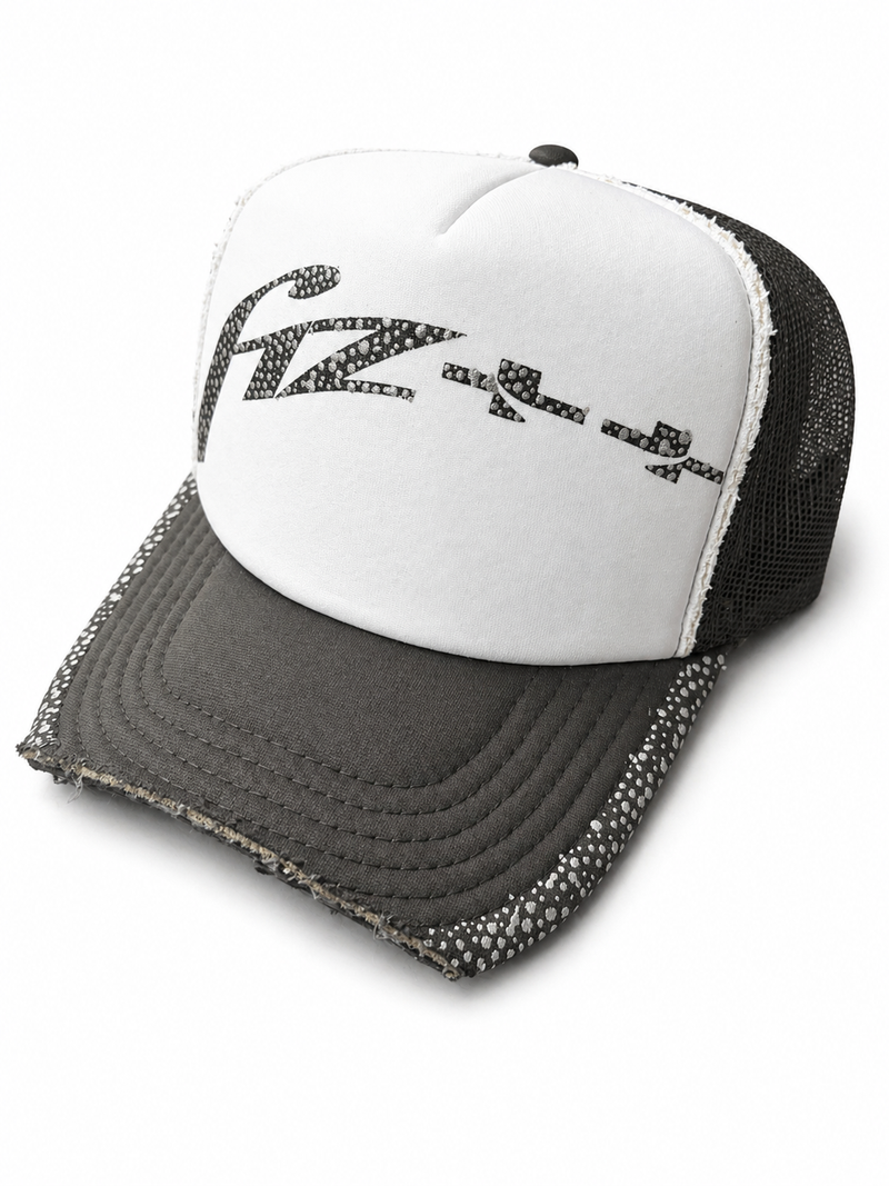 Fiz Trucker Snapback Hat (grey/black, with rhinestone brim)